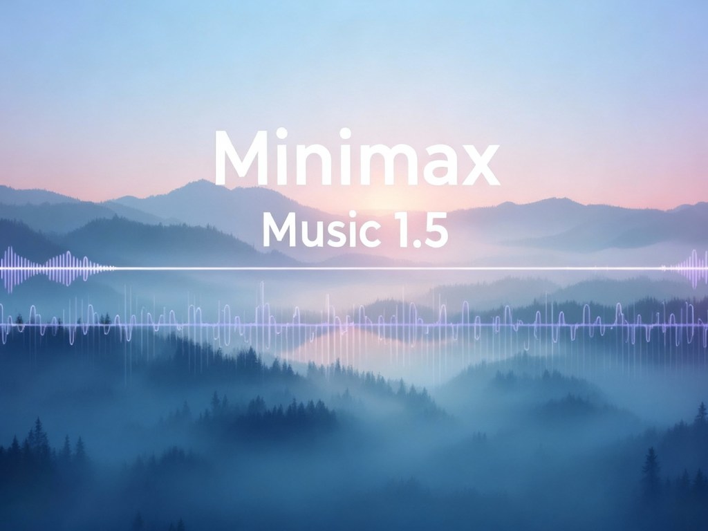 Một bức ảnh thể hiện phong cảnh núi non mờ ảo với sóng âm thanh đang hoạt động, bên cạnh đó là dòng chữ 'Minimax Music 1.5' by luca media